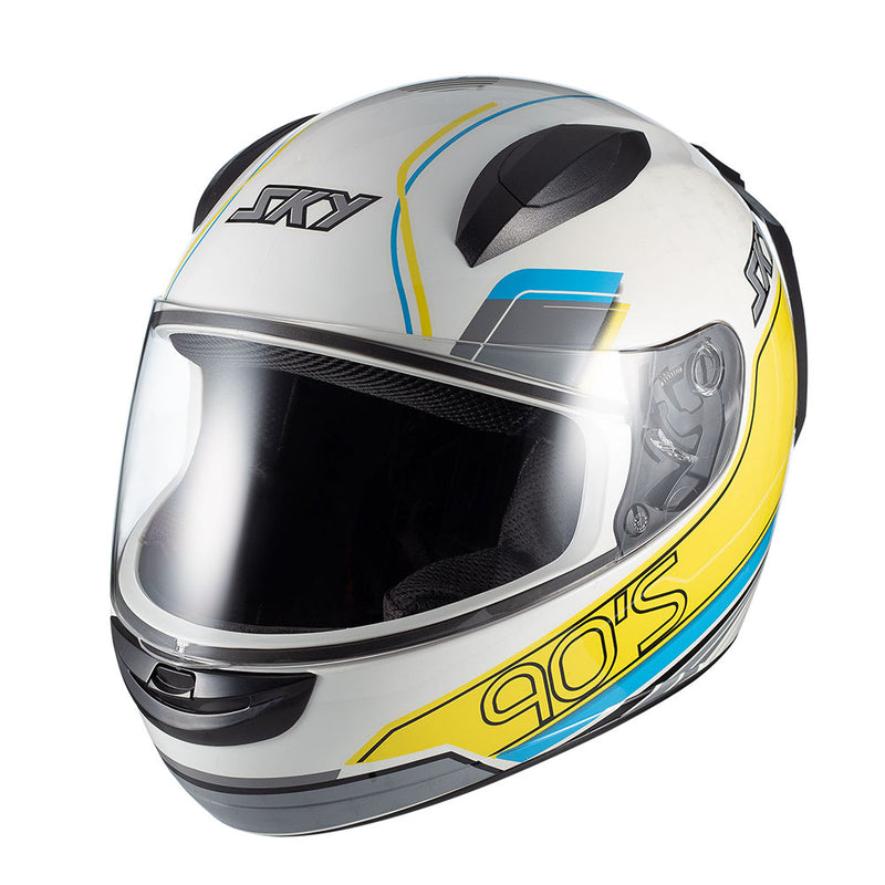 Capacete Sky Two Anos 90 Branco Brilho Transf Azul/amarel 62